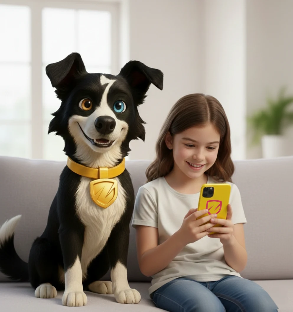 Zippy beside a kid on the couch