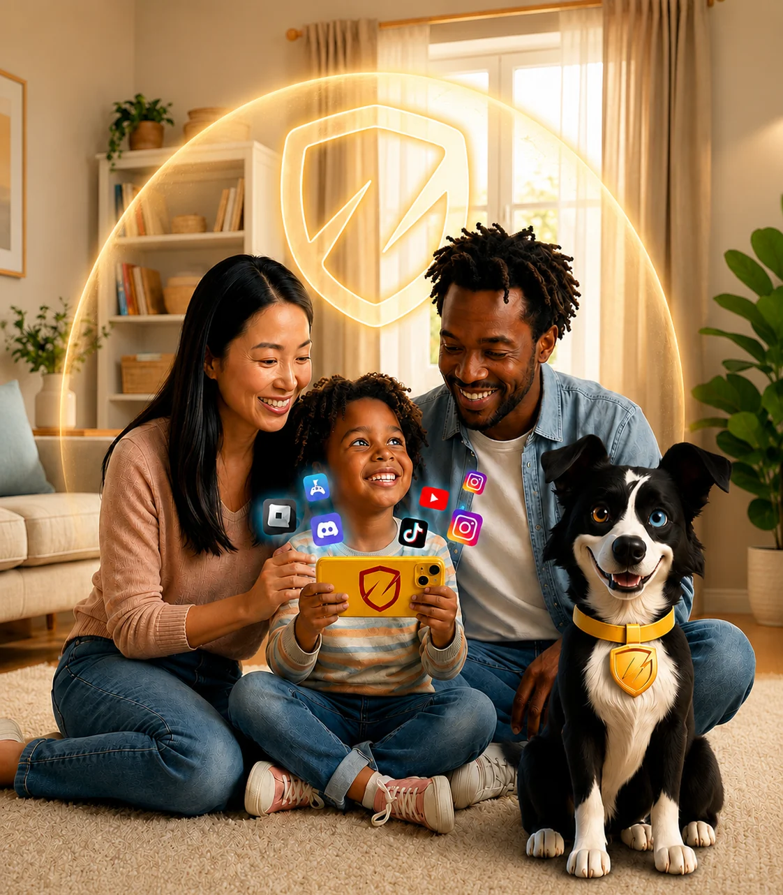 Family with Zippy inside a glowing protection dome