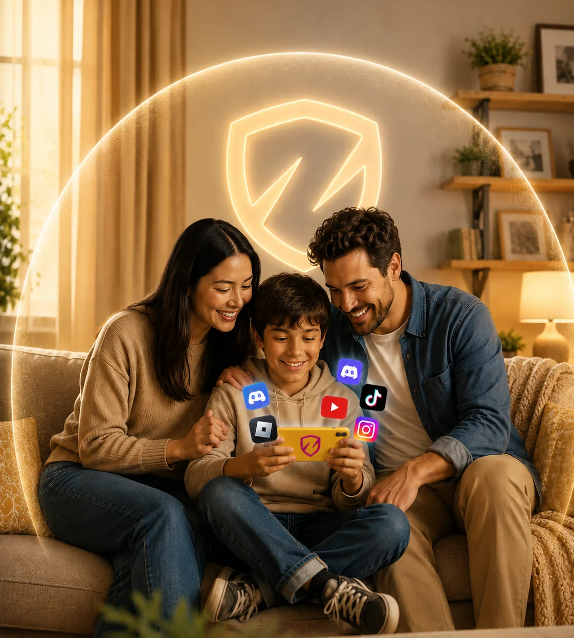 A family together under the Zippy shield while their child plays online