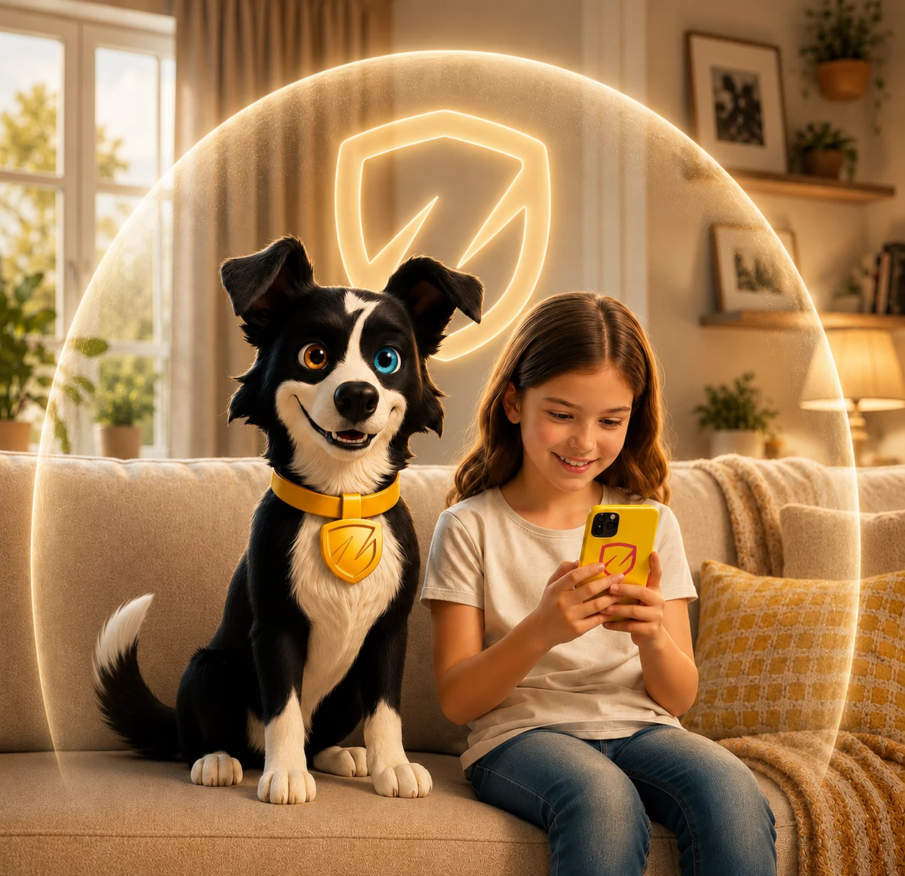 A girl on the couch with Zippy beside her under the protection shield