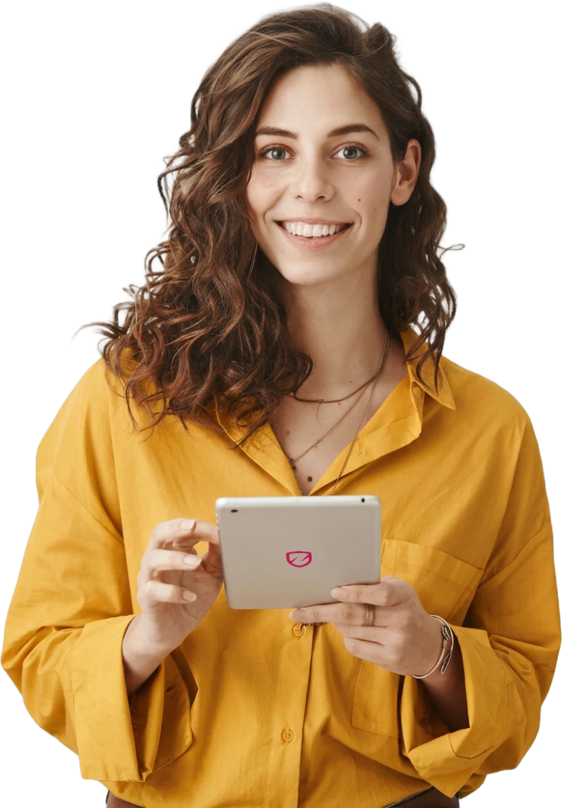 Mother holding a tablet with the Zippy shield